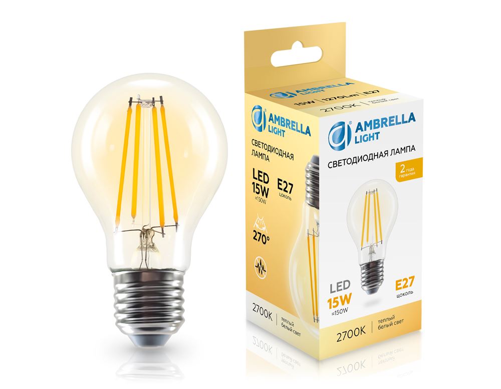 Ambrella 601513 Лампа светодиодная Filament LED A60 15W E27 2700K 220-240V