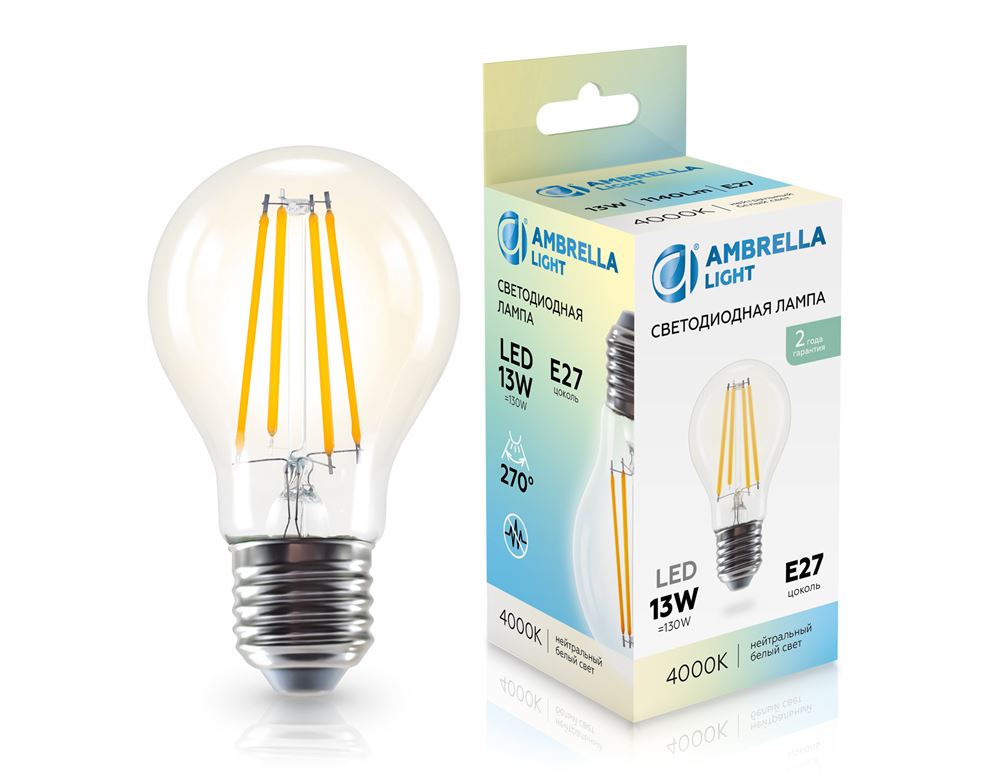 Ambrella 601314 Лампа светодиодная Filament LED A60 13W E27 4000K 220-240V