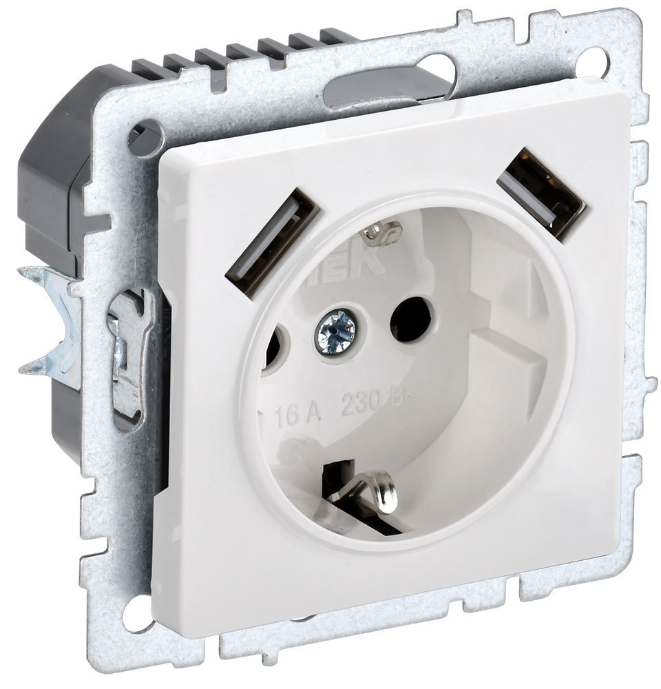 IEK BRITE BR-R14-16-U21-D21-K01 Розетка 1-местная с заземлением с защитными шторками 16А с USB A+A 5В 2,1А РЮш10-1-БрБ белый