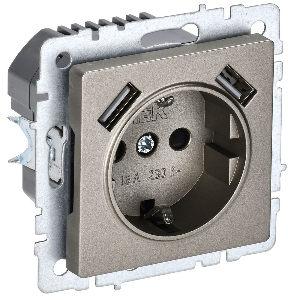 IEK BRITE BR-R14-16-U21-D21-K37 Розетка 1-местная с заземлением с защитными шторками 16А с USB A+A 5V 2,1А РЮш10-1-БрШ шампань (1 / 8 / 80)