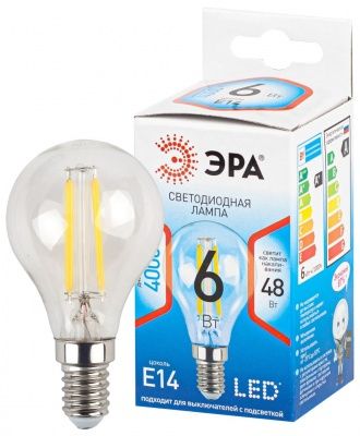 ЭРА QX F-LED P45-6W-4000K-E14 (арт.P45-7W-840-E14) Ламп. светод-ная филаментная нейтр. бел. свет (10 / 100)