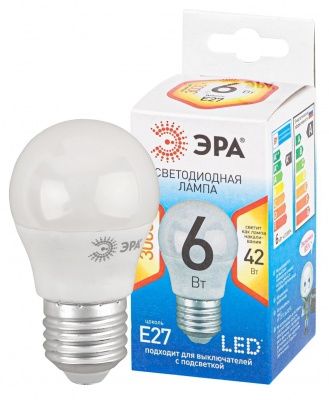 ЭРА QX LED P45-6W-P45-2700K-E27 (арт.P45-7W-827-E27) Ламп. светод-ная шарик тепл. бел. свет (10 / 100)