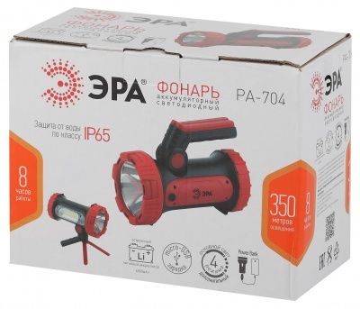 ЭРА Фонарь прожектор PA-704 ный [10W SMD+ боковой COB, литиевый акк 6000мАч/ 3,7V, IP65, microUSB, Po (1 / 1 / 12)