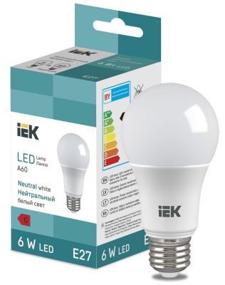 IEK LL-I-A60-6W-230-40-E27 Ламп. светод-ная груша 510lm 6W 4000K - нейтр. бел. свет (10 / 100)