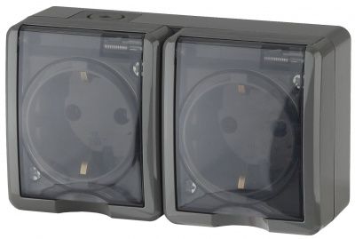 ЭРА Эксперт 11-2403-03 Розетка двойная с заземлением 2x2P+E IP54,16A-250V, ОУ, серый (1 / 8 / 80)