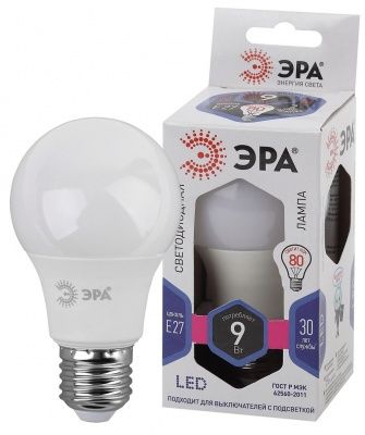 ЭРА LED A60-9W-860-E27  (диод, груша, 9Вт, хол, E27) (10/100/1500)