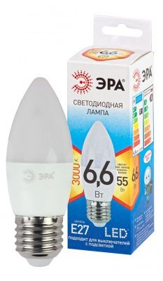 ЭРА QX LED B35-6,6W-В35-2700K-E27 (арт.B35-9W-827-E27) Ламп. светод-ная свеча тепл. бел. свет (10 / 100)