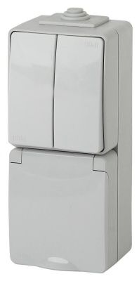 ЭРА 11-7608-03  Блок розетка+выкл. двойн. верт. IP65, 16A(10AX)-250В, ОУ,  Эксперт, серый (5/50/80