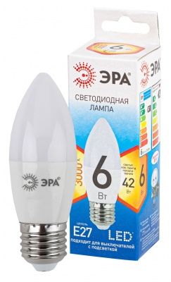 ЭРА QX LED B35-6W-В35-2700K-E27 (арт.B35-7W-827-E27) Ламп. светод-ная свеча тепл. бел. свет (10 / 100)