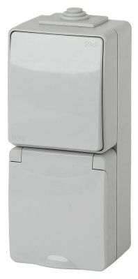 ЭРА 11-7607-03  Блок розетка+выкл. верт. IP65, 16A(10AX)-250В, ОУ,  Эксперт, серый (5/50/800)