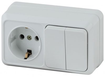 Intro 2-702-01  Блок розетка+выкл. двойной гориз. 10(16)А-250В, IP20, ОУ, Quadro, белый (6/120/1440)