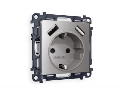 Ambrella Volt MA509010 Комплект механизма электрической розетки ALFA Сталь матовый 2USB A+A 18W (быстрая зарядка) с/з QUANT (AP5090, VM155)