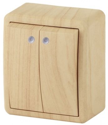 ЭРА 11-1205-11  Выключатель двойной с подсветкой, 10АХ-250В, IP20, ОУ,  Эксперт, сосна (16/160/240