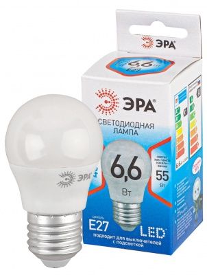 ЭРА QX LED P45-6,6W-P45-4000K-E27 (арт.P45-9W-840-E27) Ламп. светод-ная шарик нейтр. бел. свет (10 / 100)