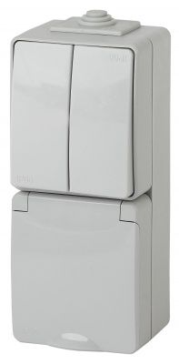 ЭРА 11-7608-03  Блок розетка+выкл. двойн. верт. IP65, 16A(10AX)-250В, ОУ,  Эксперт, серый (5/50/80