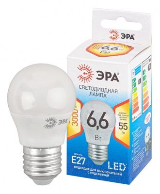 ЭРА QX LED P45-6,6W-P45-2700K-E27 (арт.P45-9W-827-E27) Ламп. светод-ная шарик тепл. бел. свет (10 / 100)